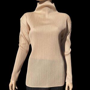 Vintage PLEATS PLEASE Issey Miyake Cream Tan Turtle Mock Neck Shirt Top Size 3 L